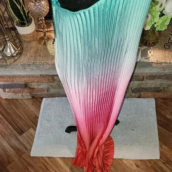 Nicole by Nicole Miller Blue, Pink,  and Green Asymmetrical Ruffled Sheath Dress - Picture 4 of 5